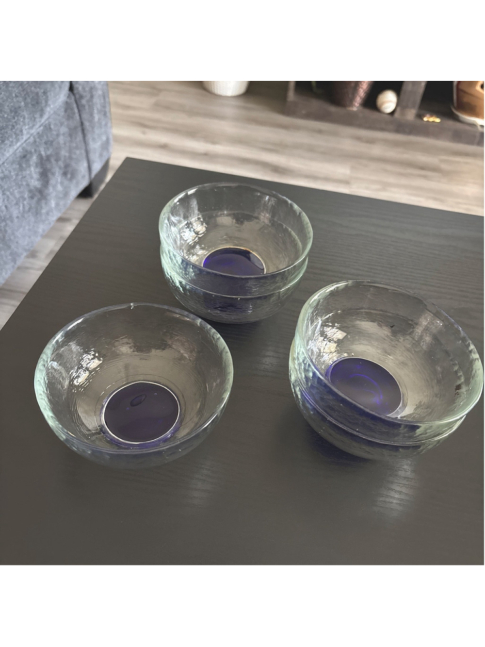 Set Of 5 Vintage Hand Blown Dessert Bowls Clear Glass, Cobalt Blue Foot , 4.5”